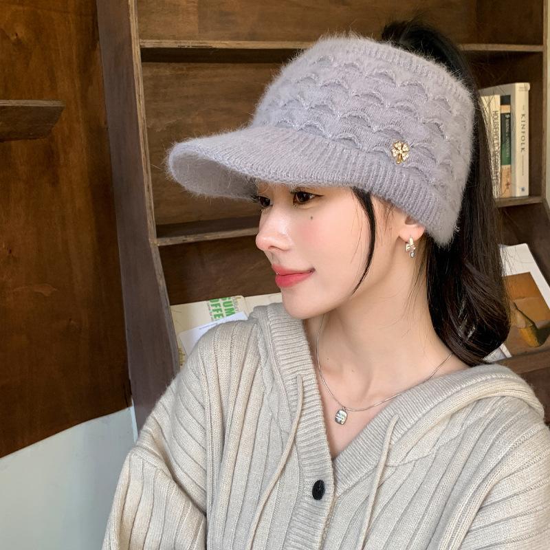 Fashion Versatile Autumn and Winter Hat Women's Big Brim Show Face Small Peaked Hat Ear Protector Warm Knitted Wool Hat