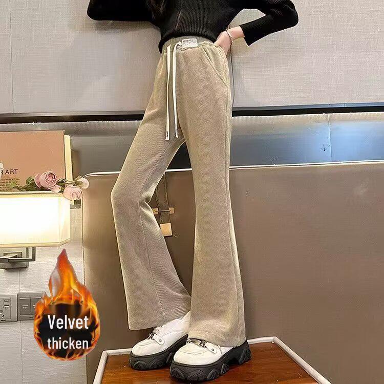 Girls' Black Plus Velvet Straight-Leg Sweatpants - New Autumn/Winter 2025 for Junior High Students
