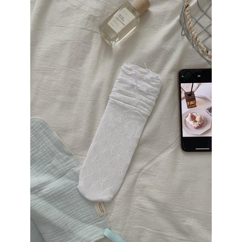 

Весенне-летние кружевные носки, женские короткие, ретро вырезы до середины икры, носки до икры с бантом в стиле лолита 1 pair молочный белый