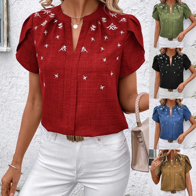 Women's Spring/summer Semi-open Collar Short-sleeved Shoulder Wrinkle Cover Solid Color Printed Top