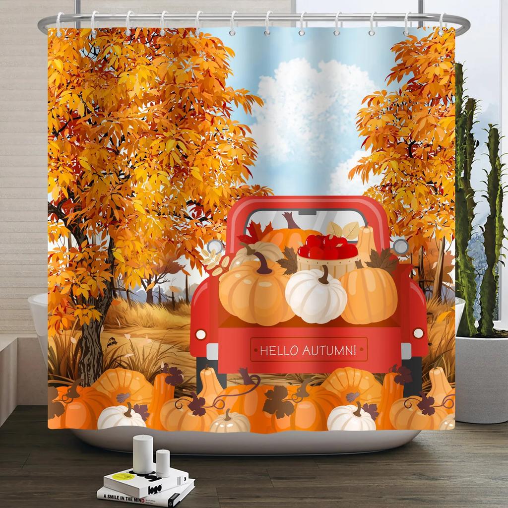 Fall Forest Natural Scene Shower Curtain for Bathroom Autumn Maple Tree Plants Rural Landscape Pumpkin Waterproof Shower Curtain