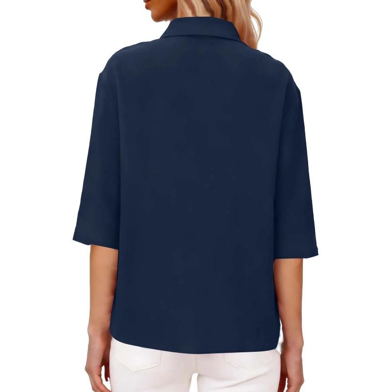 Summer New Women's Casual Tops Three-quarter Sleeve Solid Color Lapel Cotton and Linen Loose Shirt