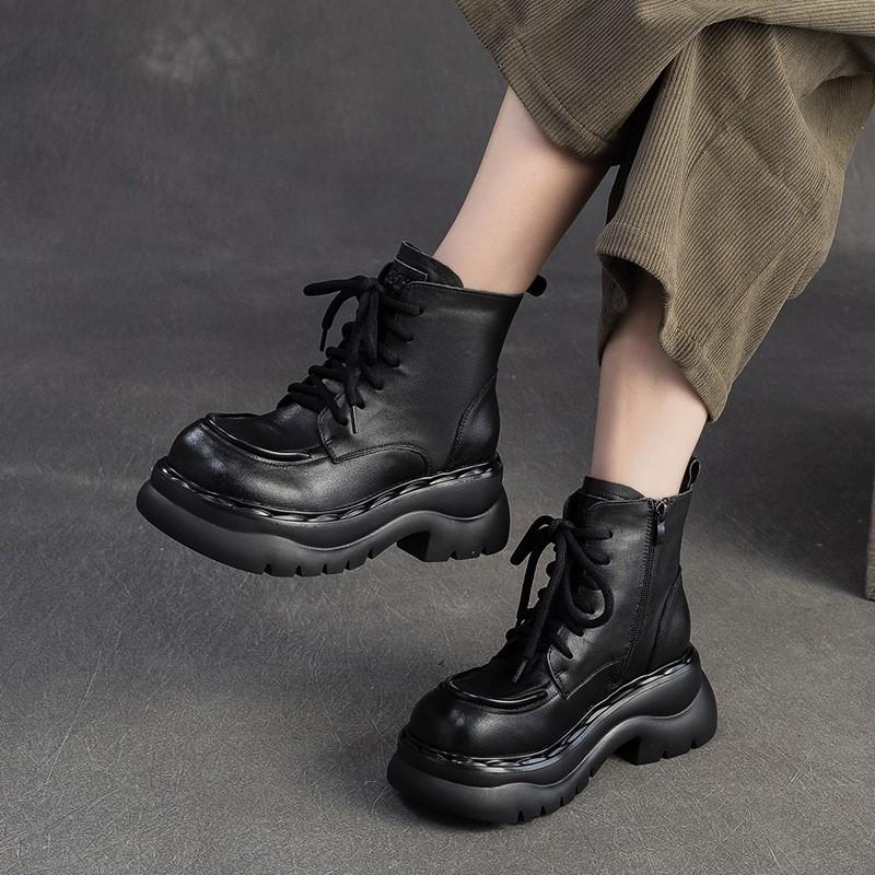 Johnature Genuine Leather Thick Soled Ankle Boots Retro Round Toe Side Zipper Women's Short Boots