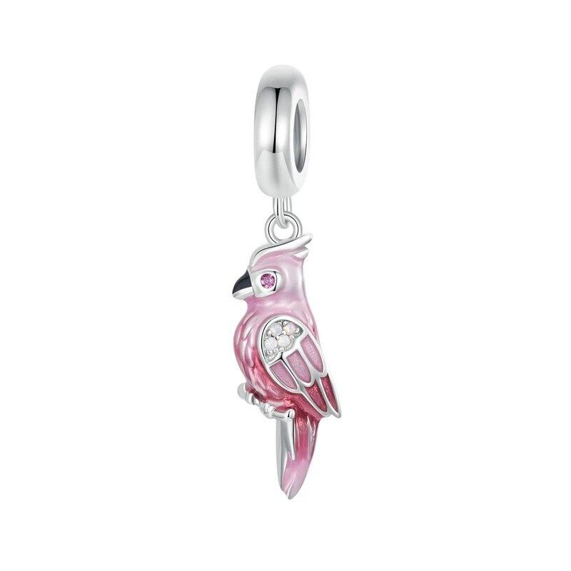 Bamoer 925 Sterling Silver Pink Parrot Pendant Charms Cute Bird Beads for Women Original Bracelet and Necklace DIY Accessories