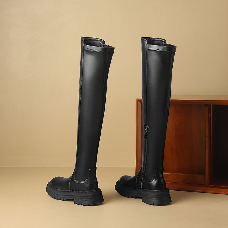 Krazing Pot Microfiber Autumn Winter Shoes Med Heels Flat Platform Size 42 Over-the-knee Boots Slip On Elastic Thigh High Boots