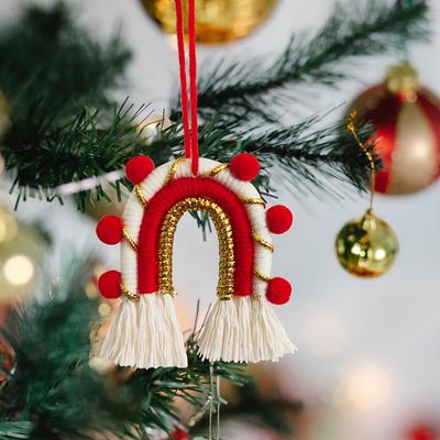 3pcs Boho Style Christmas Ornaments with Rainbow Tassels Hand Burlap Wall Hanging,Xmas Tree Pendants, Vibrant Rainbow Stripes Golden Glitter Accents
