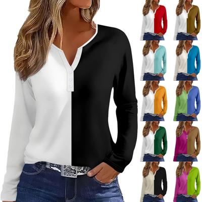 Women's T Shirt Tee  Print Button Long Sleeve Daily Weekend Fashion Basic V- Neck Regular Top