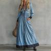 Vintage Western Patchwork Denim Maxikleid Hohe Taille Langarm Damen