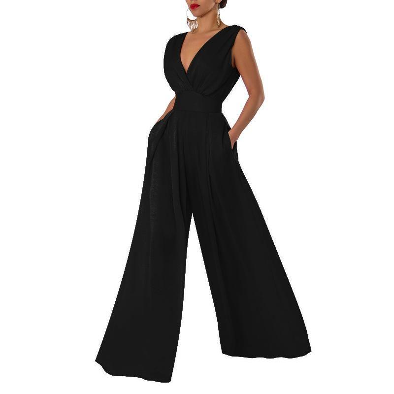 

2025 European and American Fashion Summer New Slim fit Jumpsuit High Waist Slimming One-Piece Straight Wide Leg Pants Women Black XL