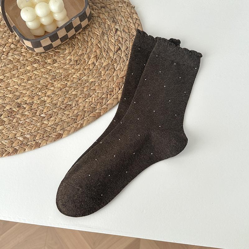 

White Polka Dot Socks for Women s Autumn and Winter Mid-calf Socks, Ballet-style Sweat-absorbing Lace Cotton Socks 1 pair кофейный