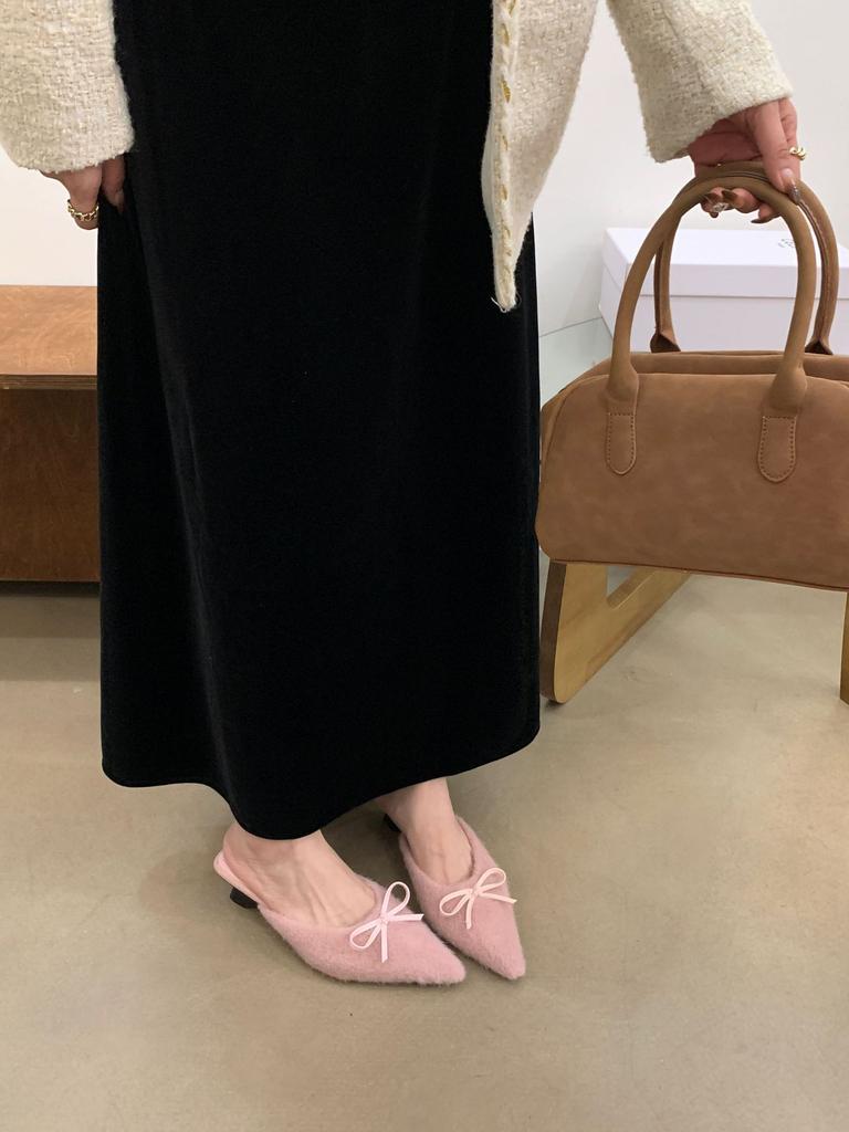 2025 Mao Mao High-heeled Slippers Women's Outerwear Bow Design Sense Lamb Wool French Wedge Heel Plush Bag Head Half Slippers