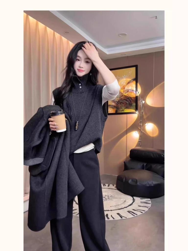 Women's Early Autumn/Winter Layered Wool Knit Vest with High Collar Cardigan