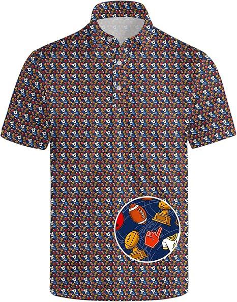 Short-sleeve polo shirt with golf stick figure prints, versatile casual top.