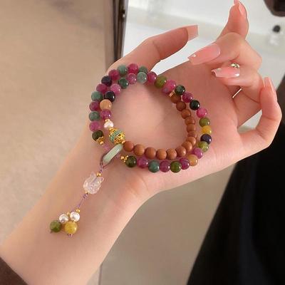 Natural Tourmaline Fox Double-Layer Bracelet for Women – Chinese Style, Seven Colors, Perfect Bestie or Girlfriend Gift