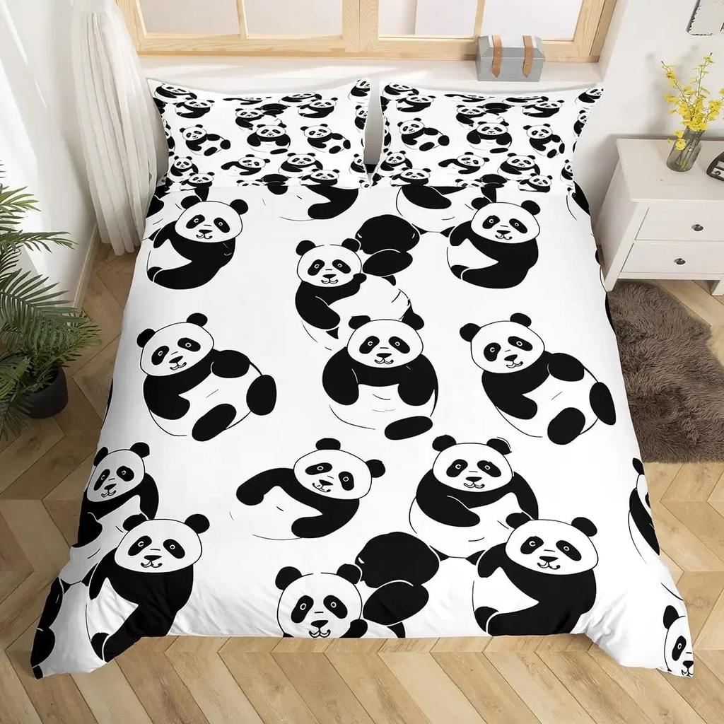 Panda Duvet Cover Cute Cartoon Animal Bedding Set Green Bamboo Print Comforter Cover Lovely Wild Animal Panda Bedspread Cover
