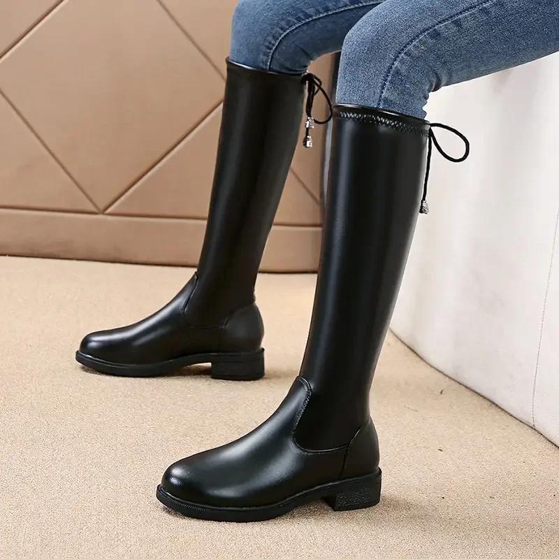 Fashion Large Size Warm Ladies Knee High Shaft Shoes Elegant With Low Heels Elastic Women's Long Boots Demi-season Winter 2024 Novelty
