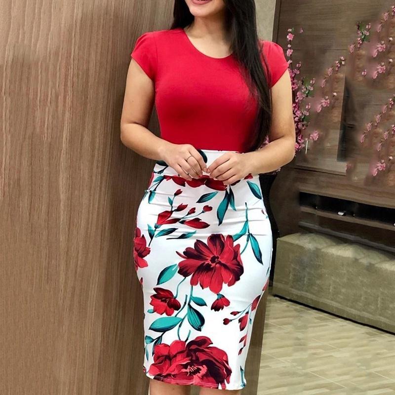 Women's Floral Dress Short-sleeved Bohemian Skinny Dress Beach Package Hip Dress