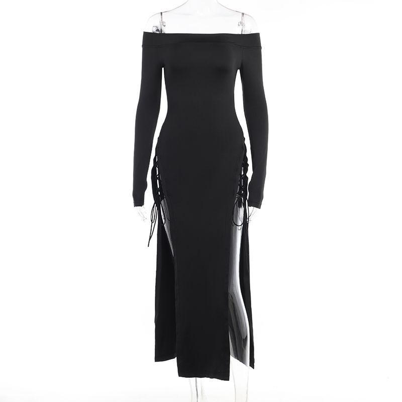 OMG Europäischer Stil Schwarzes Schnür-Bandagekleid mit Cut-out Seiten Schlitz und Neckholder.