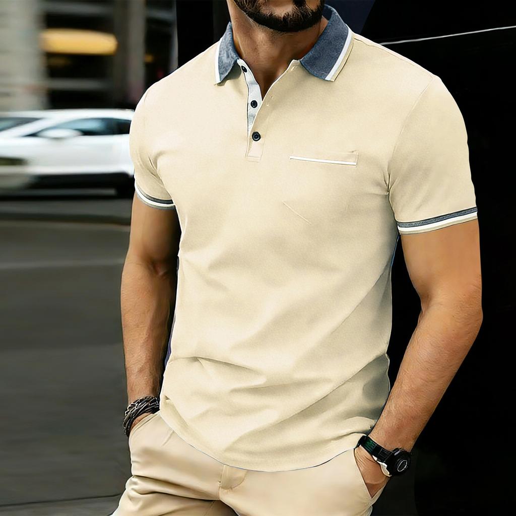 Polo da uomo a maniche corte con colletto e taschino, top casual a vestibilità classica per l'uso quotidiano