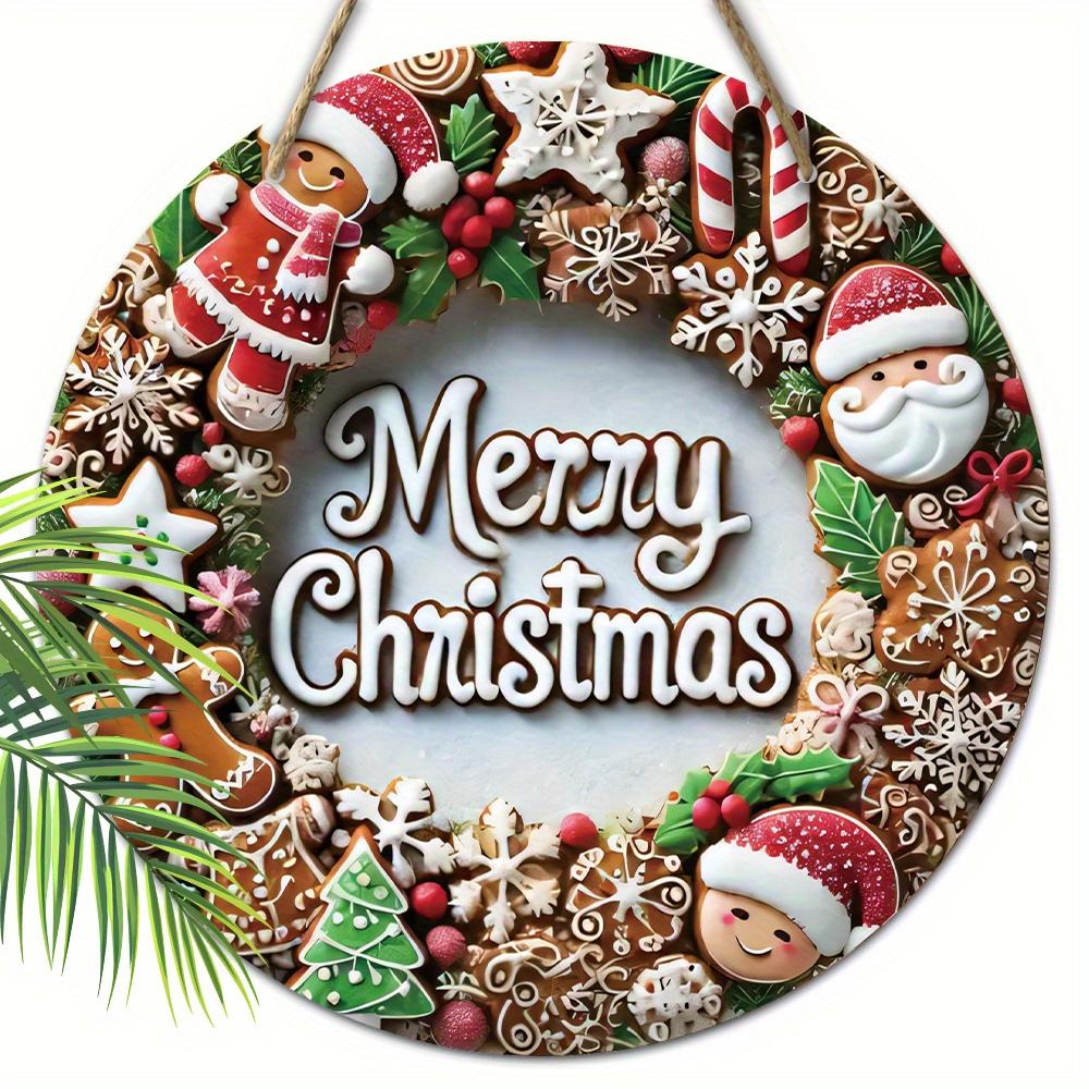 2D Merry Christmas Garland, Santa Claus Candy Christmas Tree 7.87inch Wooden Round-shaped Hanging Wall or Door Decor