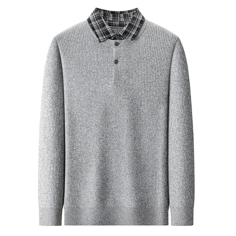 Men's Trendy Korean Style Plaid Knit Sweater with Shirt Collar - Warm, Loose Fit (Autumn/Winter)