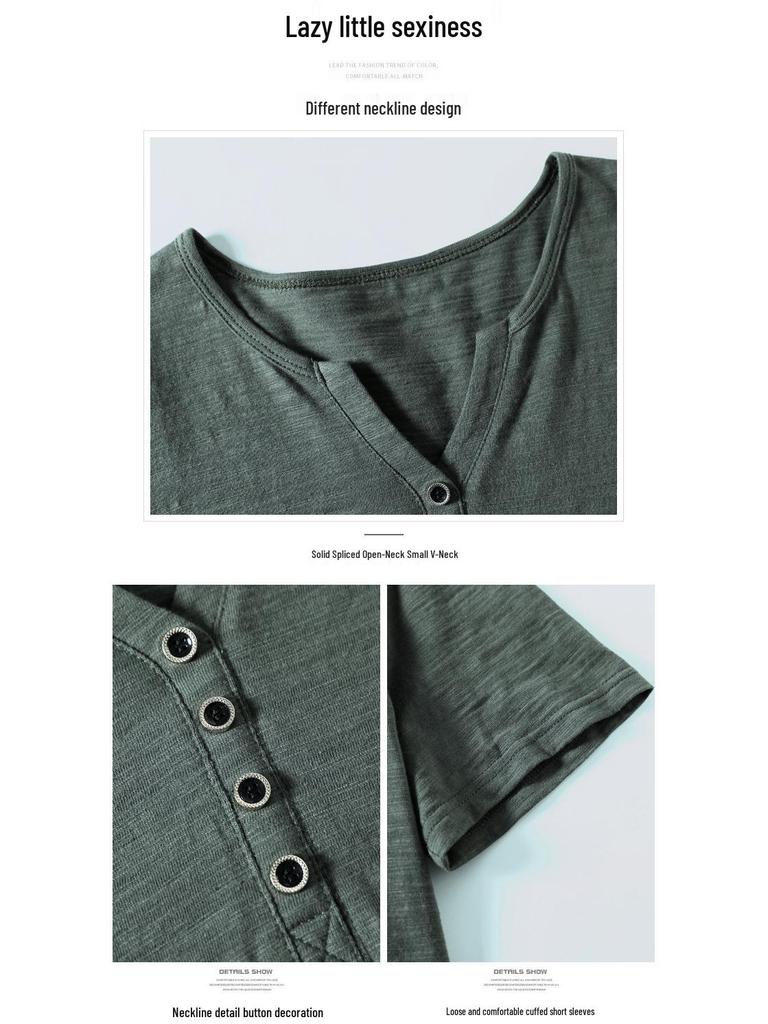 Women's 2024 Summer Plus-Size Retro V-Neck Short-Sleeve T-Shirt - Solid Color, Simple, Versatile, and Trendy.