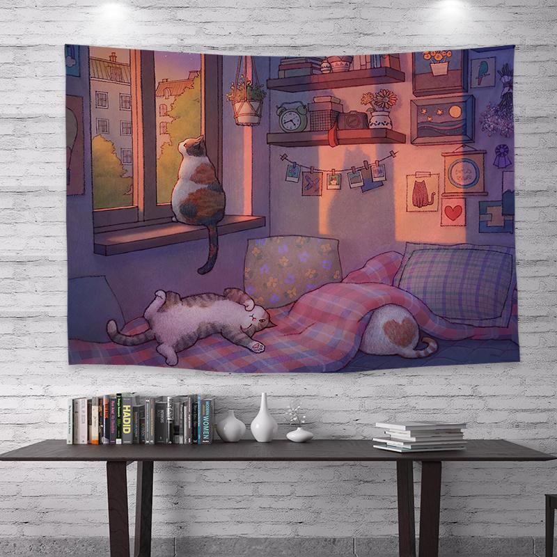 Cat Illustration Tapestry Home Decor Aesthetics Children's Room Decoration Bedroom Living Room Backdrop Decoration Tapestry