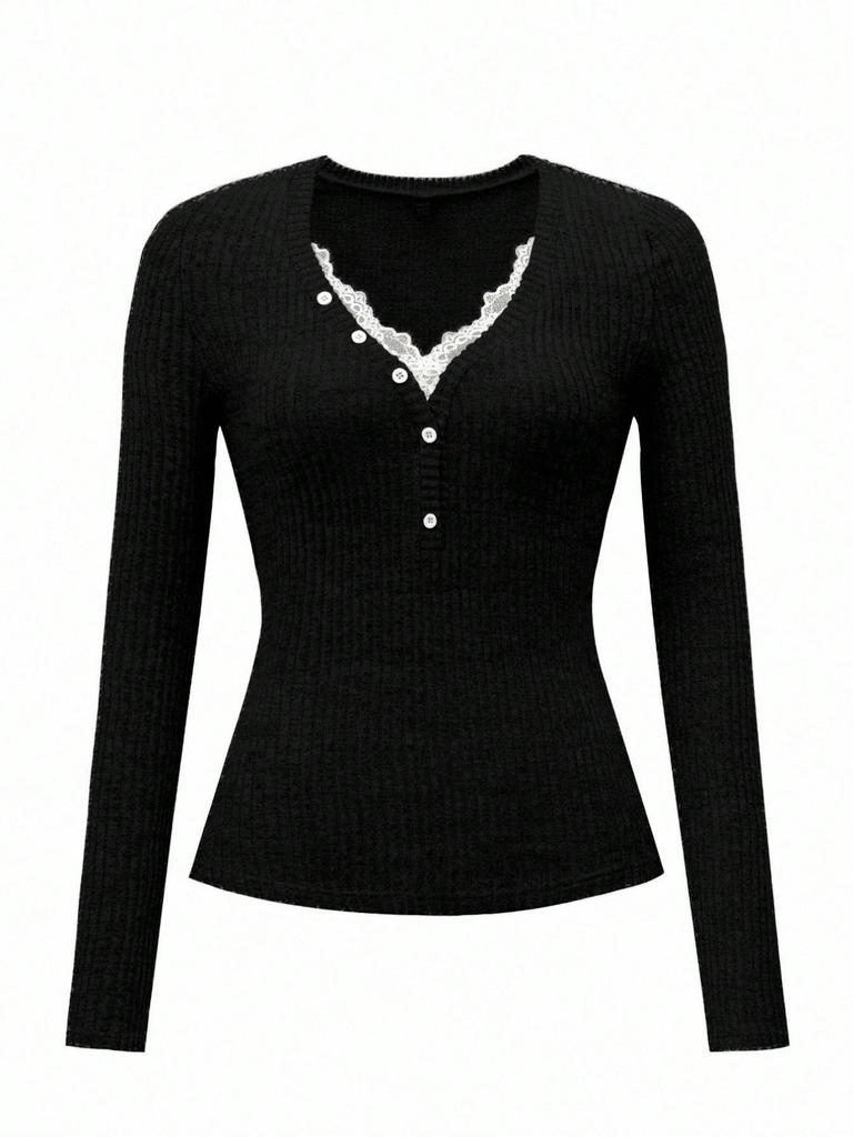 Y2K Women's Lace Button Solid Color Top - Sexy, Tight Base Layer for Autumn/Winter