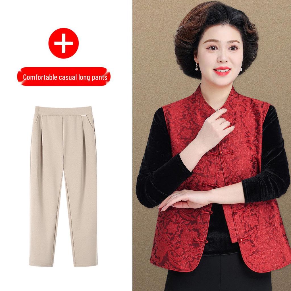 Elegant Red Spring Cardigan Vest for Middle-Aged Women