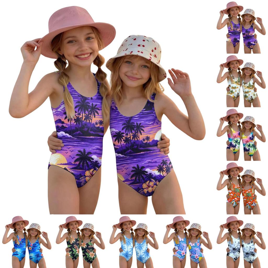 Girls One Piece Swimsuit Palm Tree Print Summer Beach Swimwear Lightweight Quick Dry Bathing Suit for Kids