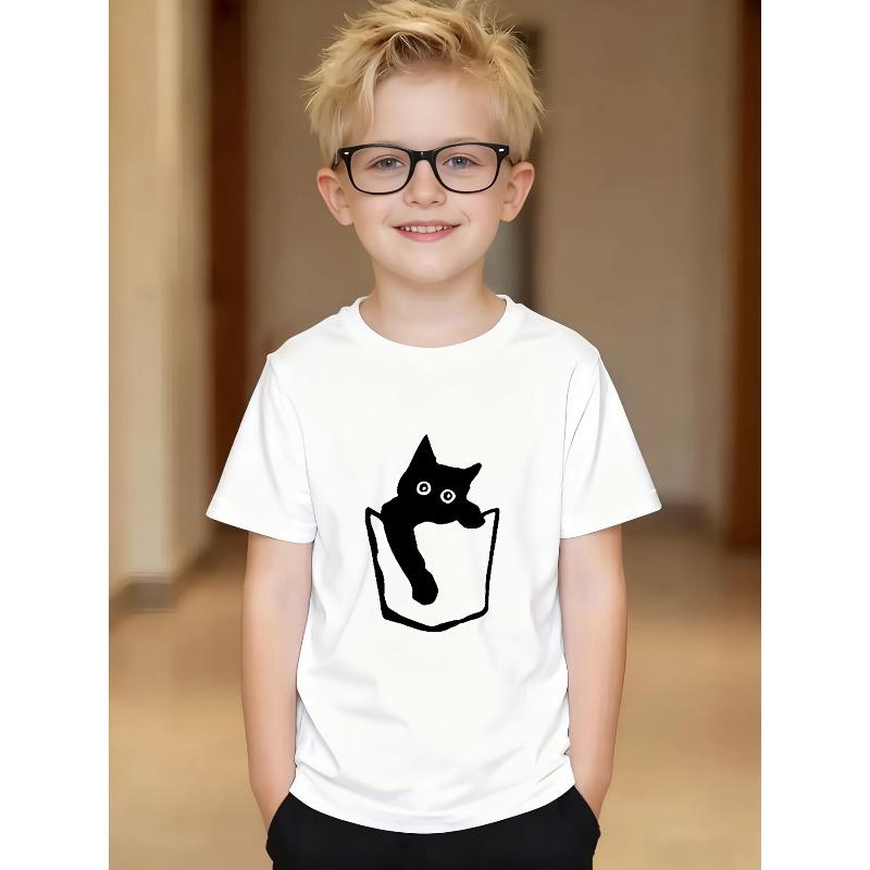 

European sizes Boys Fun Pattern T-Shirt - Cute Cat Personalized Print, Made from Lightweight And Breathable Fabric, Perfect for Teens Everyday Wear 164cm білий