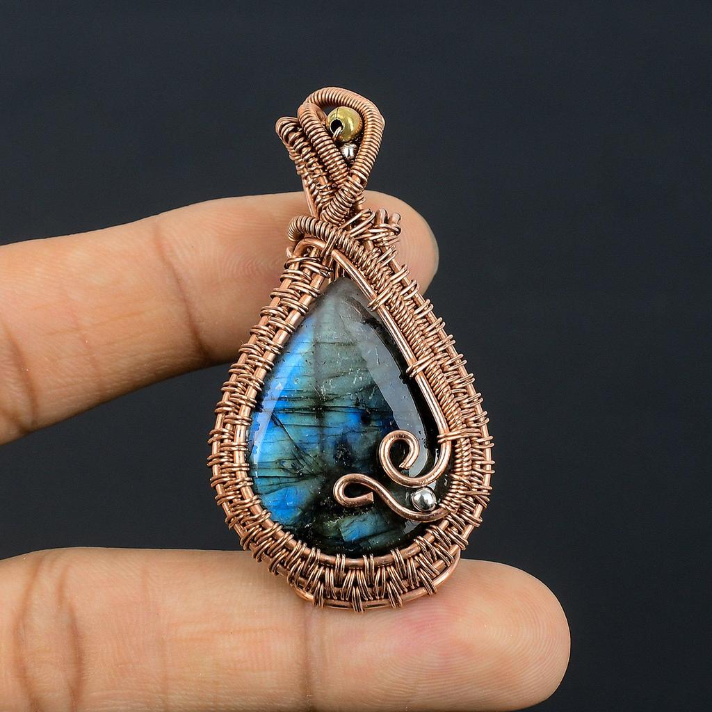 Labradorite Pendant, Handmade Gemstone 999 Copper Wire Wrapped Pendant Antique Jewelry, For Gift Silver Jewelry