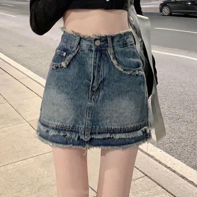 Classic Versatile Youthful Raw Edge Skirt Design Sense High Waist A-line Half Loose Retro Package Hip Skirt Ladies Summer Fashion Denim Short Skirt