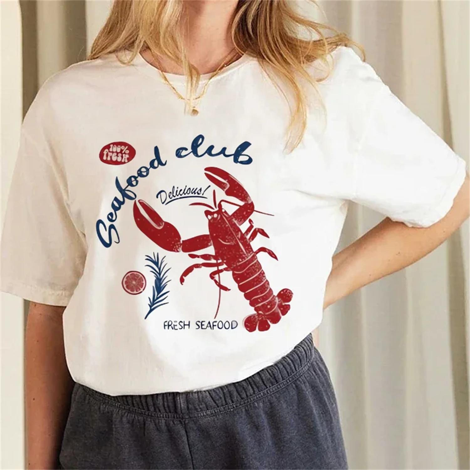T-Shirt Women s Fashionable Cute Crayfish Pattern Women s Simple Travel T-Shirt Harajuku Short Sleeved Cartoon Top T-Shirt S