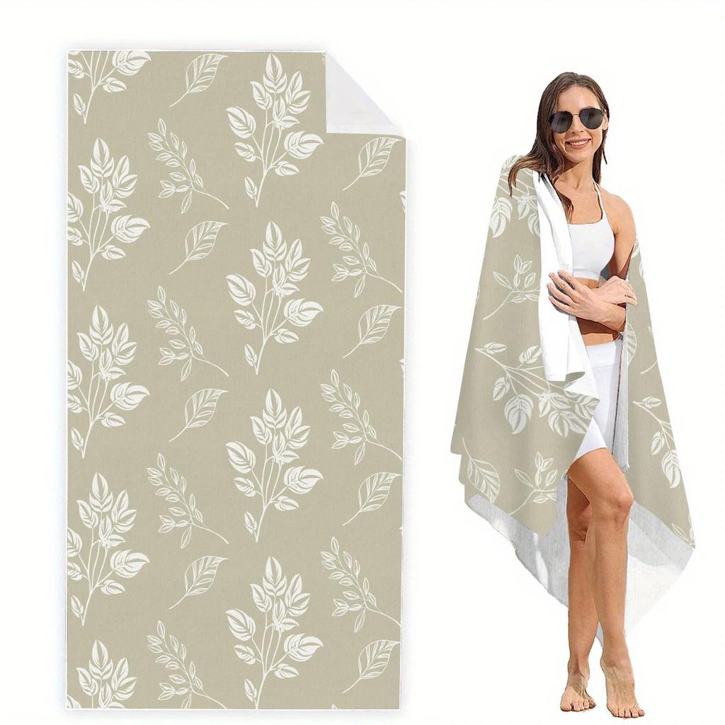 Beige Line Art Tropical Leaf Beach Towel, Quick Dry Sand‑Free Microfiber Towel For Summer Beach Pool Travel Camping
