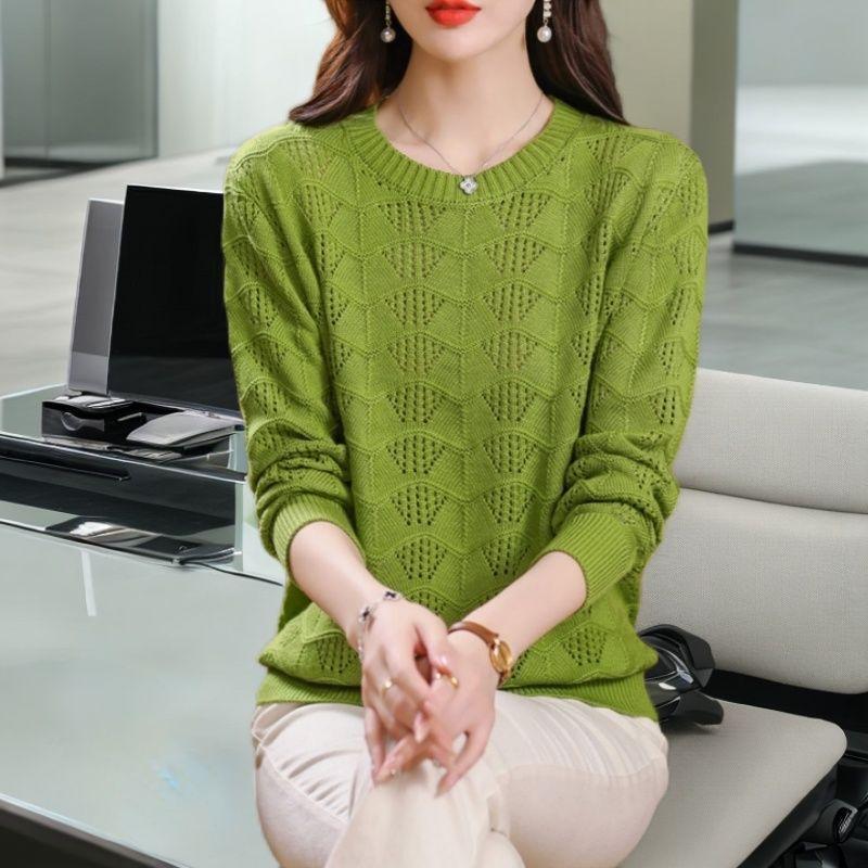 Women's Round Neck Top Hollow-Out Outerwear with Temperament Thin Base Knitted Sun-Protective Cover Blouse