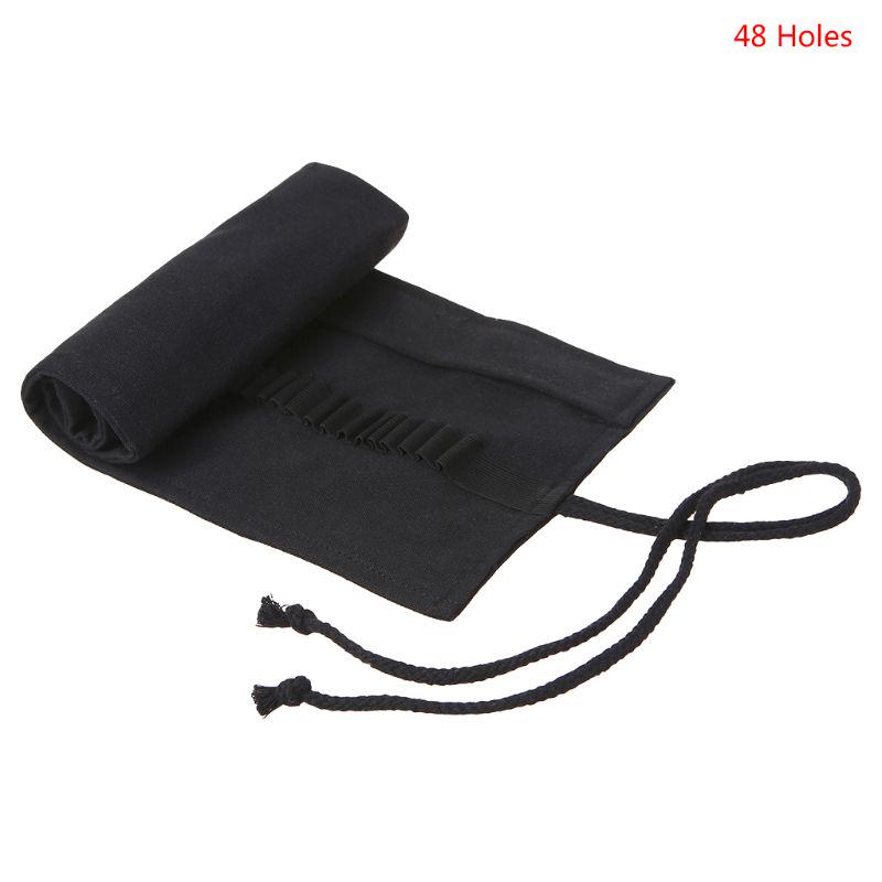 Black Color School Pencil Case Roller 12/24/36/48/72 Holes Canvas Roll Up Makeup