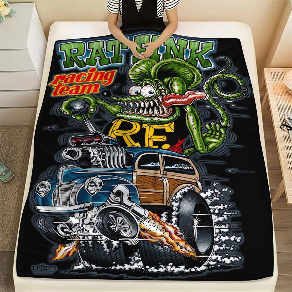 1Pc Rat Fink Print Flannel Blanket, High Quality Comfortable for All Seasons, Home Decor, Warmth and Comfort, Perfect for Christmas Gifts