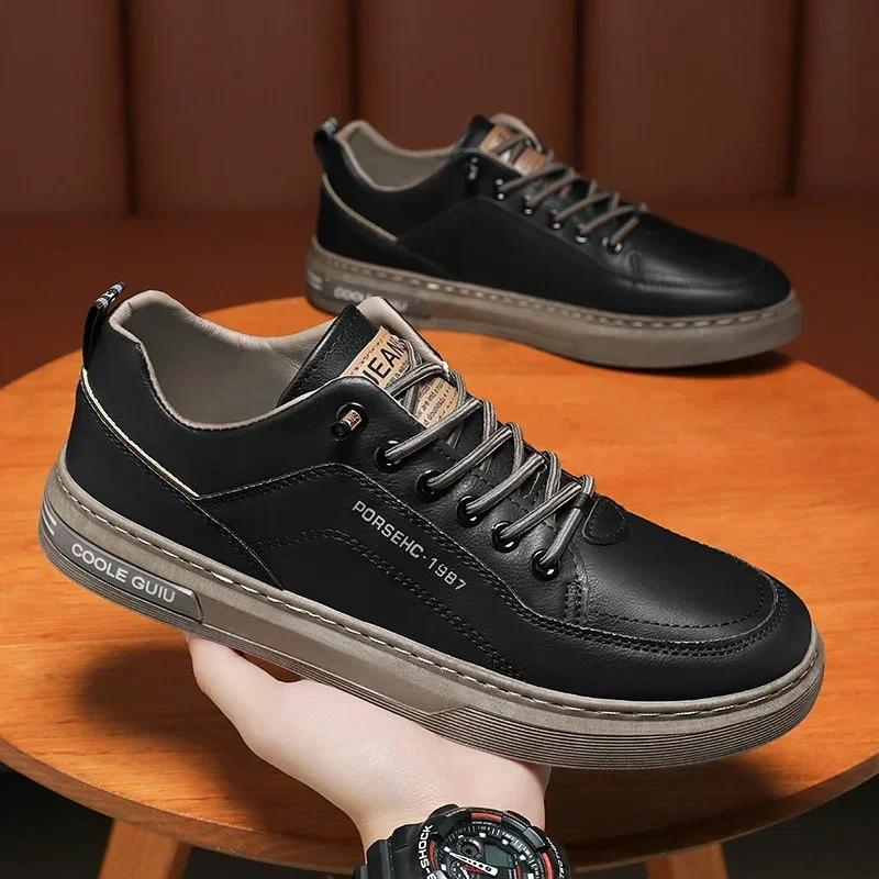 Leather Men Skateboarding Shoes Platform Casual Shoes Soft Walking Sneakers Outdoor Breathable Lightweight Running Tennis Shoes