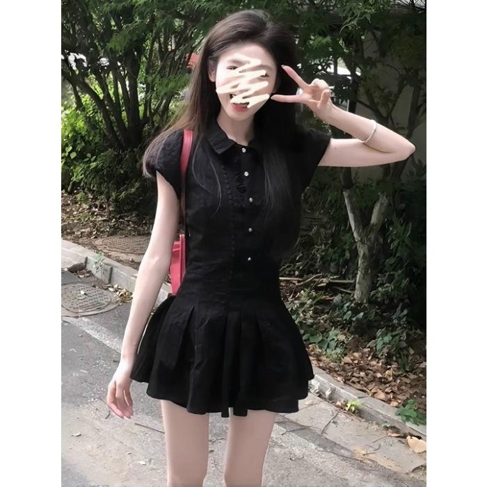 College Style Lapel Black Dress Women's 2026 New Models Are Particularly Beautiful, Waist Pinch Short Skirt, Early Summer Wear