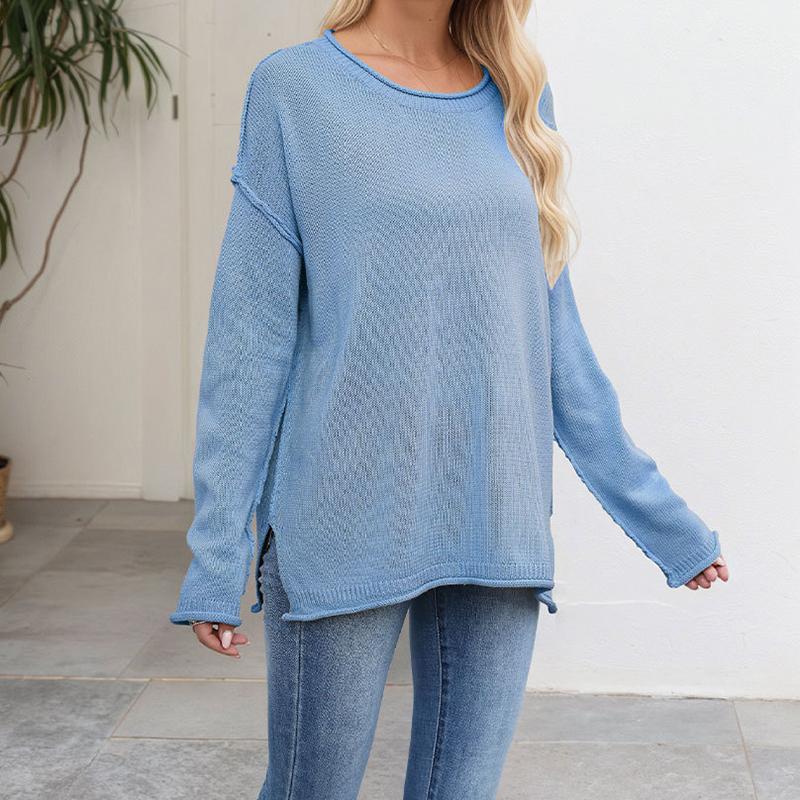 Ladies Autumn Winter Long Sleeve Round Collar Solid Color Pullover Warm Knitted Sweater Knitwear Top