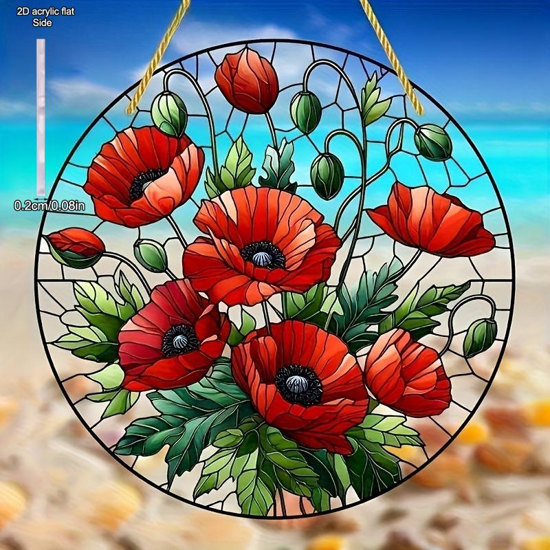 Red Poppy Flowers Decoration Wall Hanging Pendant, Sun Catcher, Acrylic Garland Sign- Light - Catching Window Decor, Novelty Home Deco