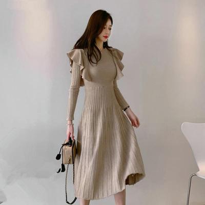 Φθινοπωρινό Χειμώνα Κομψό Γυναικείο Μακρύ Πλεκτό Φόρεμα Λεπτό μακρυμάνικο Φόρεμα Ζώνη Πλισέ Γυναικείο Φόρεμα
