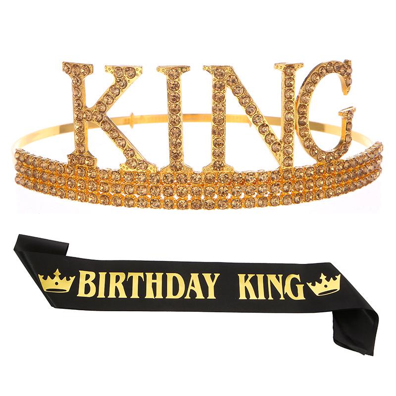 Men's Birthday King Crown and Sash Set - Party Hat Headdress for Cake Celebration
