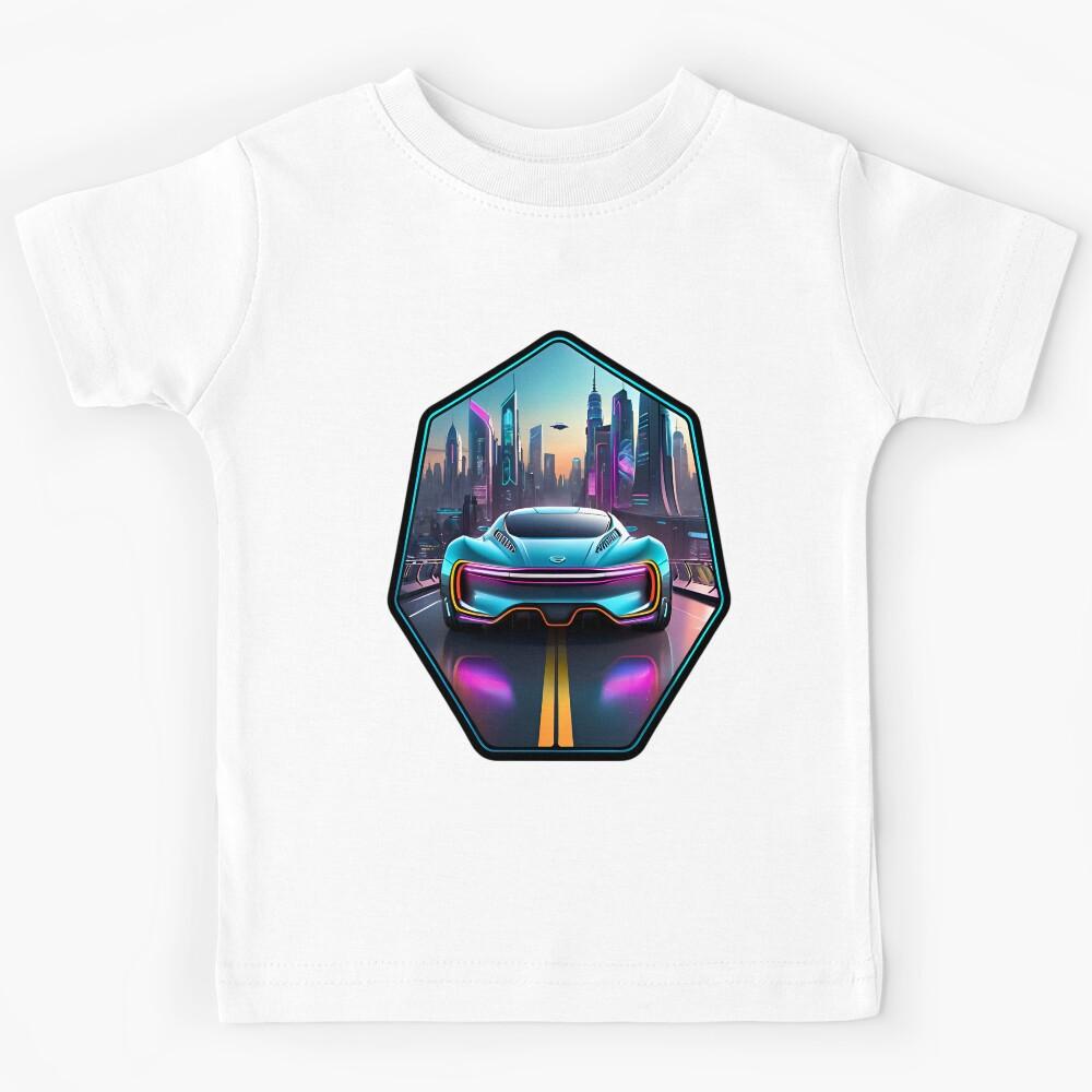 Cyberpunk Racing Sports Car With City Skyline Kids T-Shirt 170