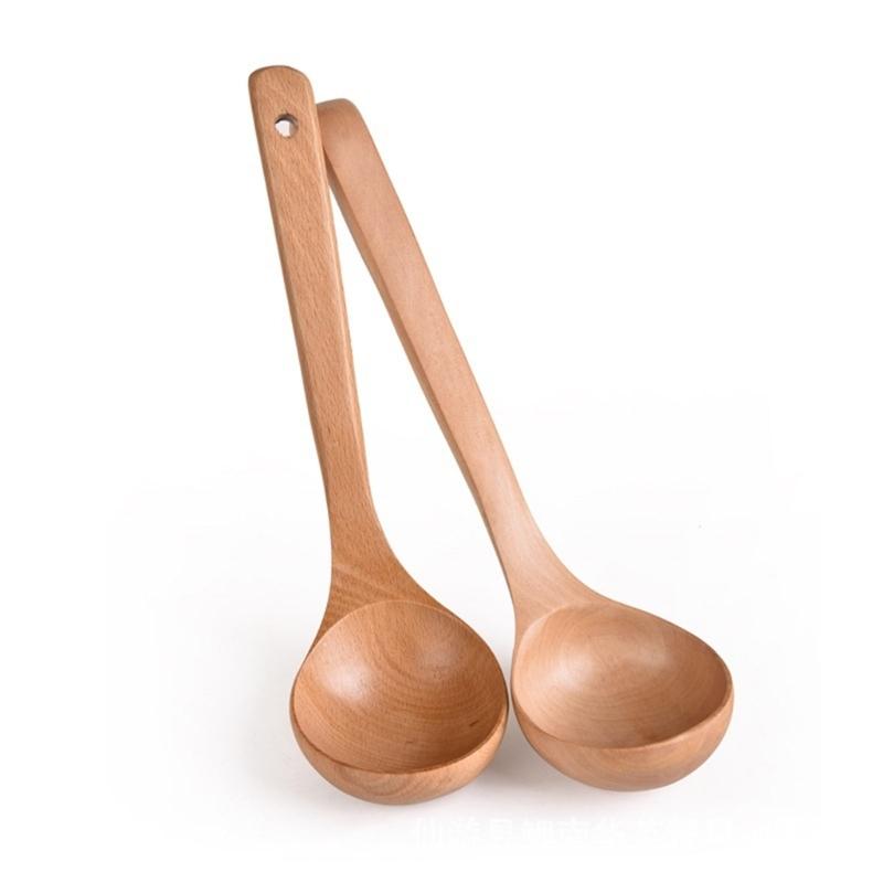 Heat Resistant Wooden Spoon with Long Hook-End Handle Ladle Scoops For Stirring Soup Stews And Hot Dishes Kitchen Tool