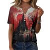 Women's Fashion Casual Halloween Print V Neck Short Sleeve Button T Shirt Top Suitable for Everyday Wear and Seasonal Events