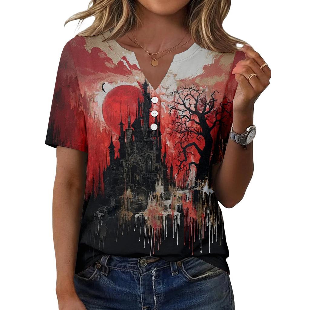 Women's Fashion Casual Halloween Print V Neck Short Sleeve Button T Shirt Top Suitable for Everyday Wear and Seasonal Events