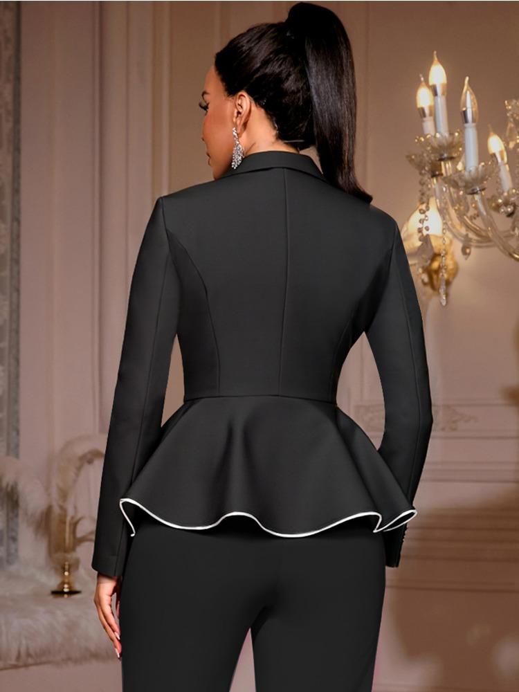 Dámské stylové černé peplum sako s dlouhým rukávem a stříbrným lemováním, formální oblečení pro business pro úřad, podzimní a zimní pracovní outfity