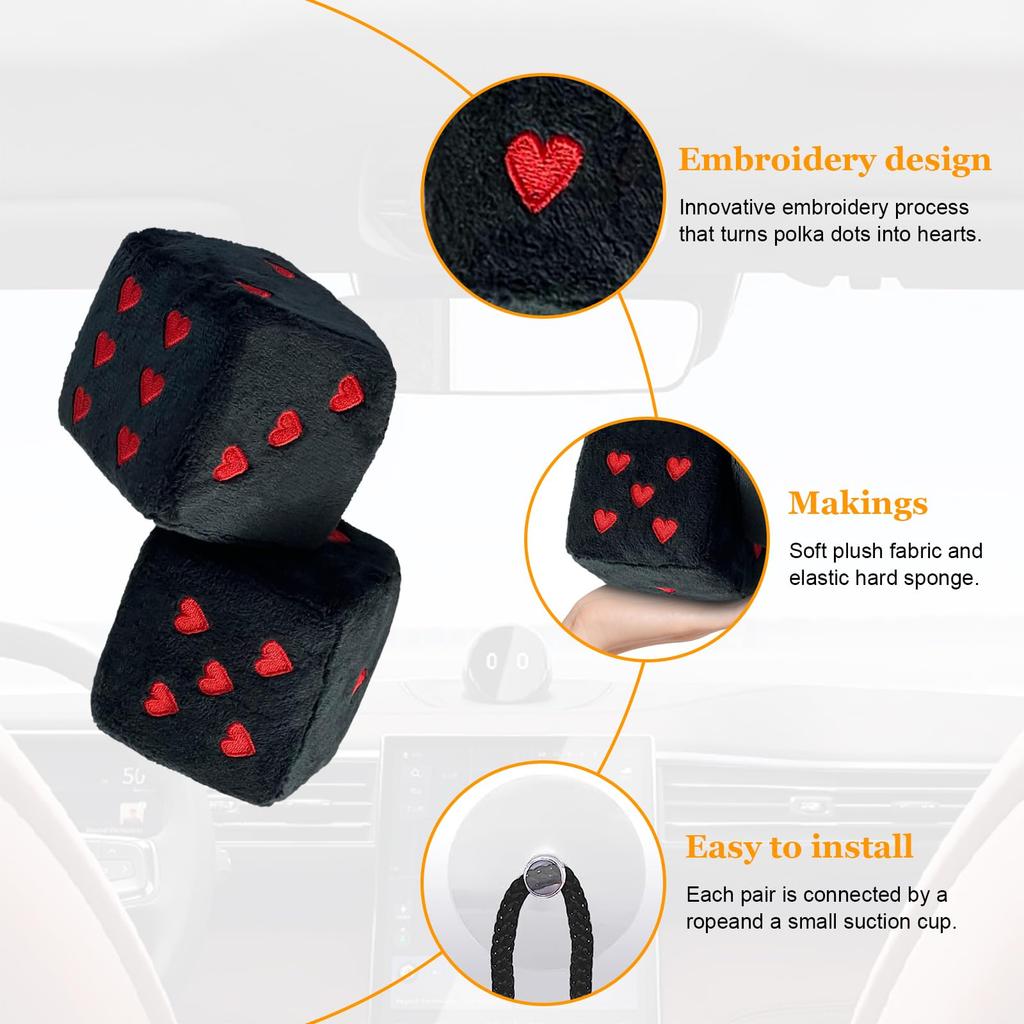 Ziciner Pair Fuzzy Plush Dice for Car Mirror 3" Retro Square Dice Heart Shape